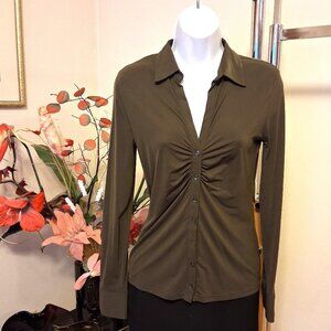NWT Women's NH Nadine H Olive Green Long Sleeve Blouse Pleated Top 6 S